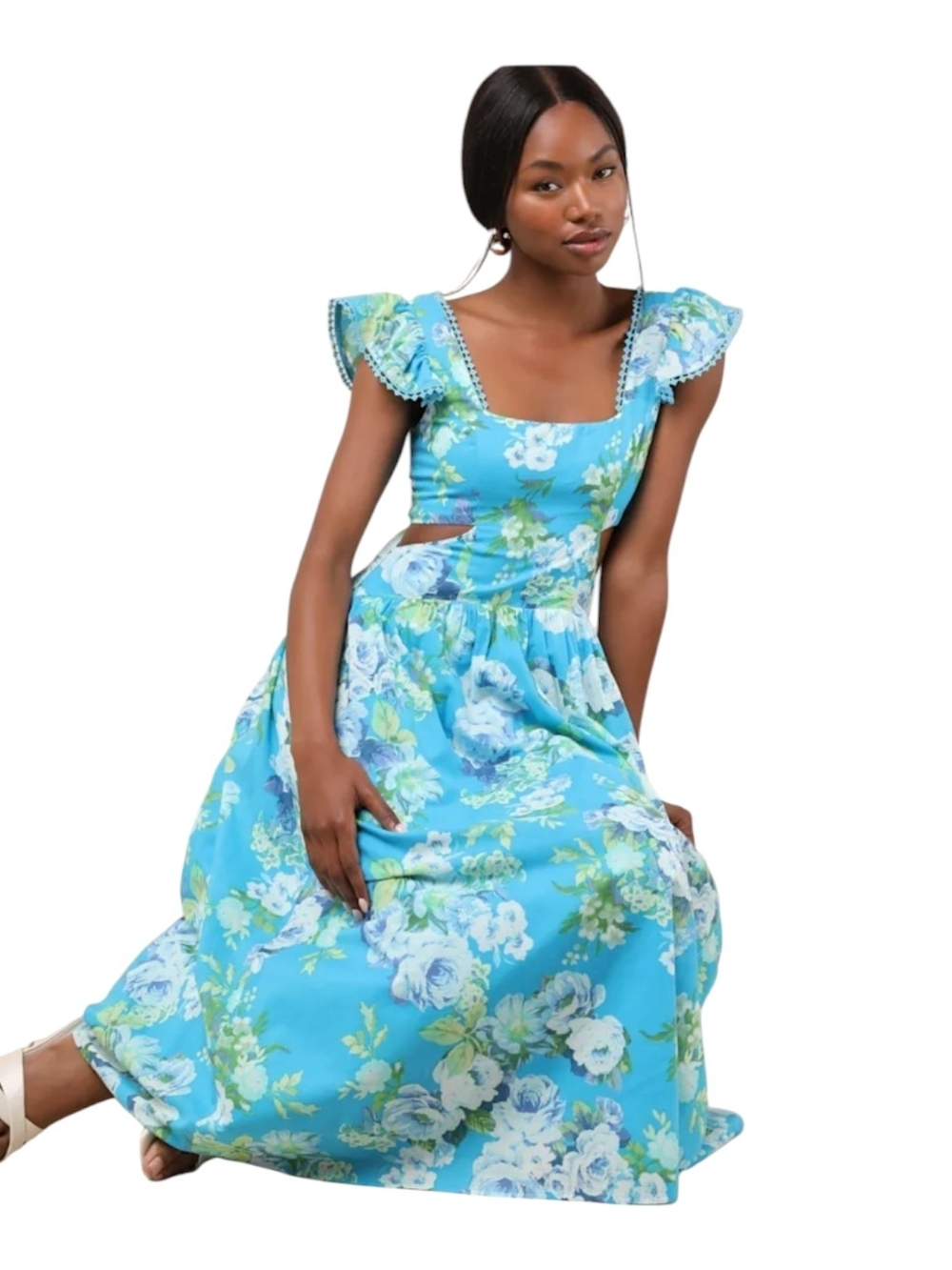 Lulu's Sky Blue Floral Square-Neck Maxi Dress